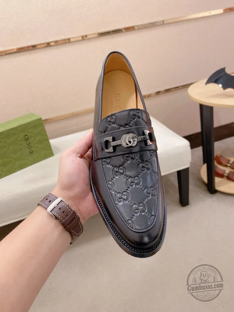 Gucci Black Leather Embossed Interlocking G Horsebit Loafer Shoes for Men