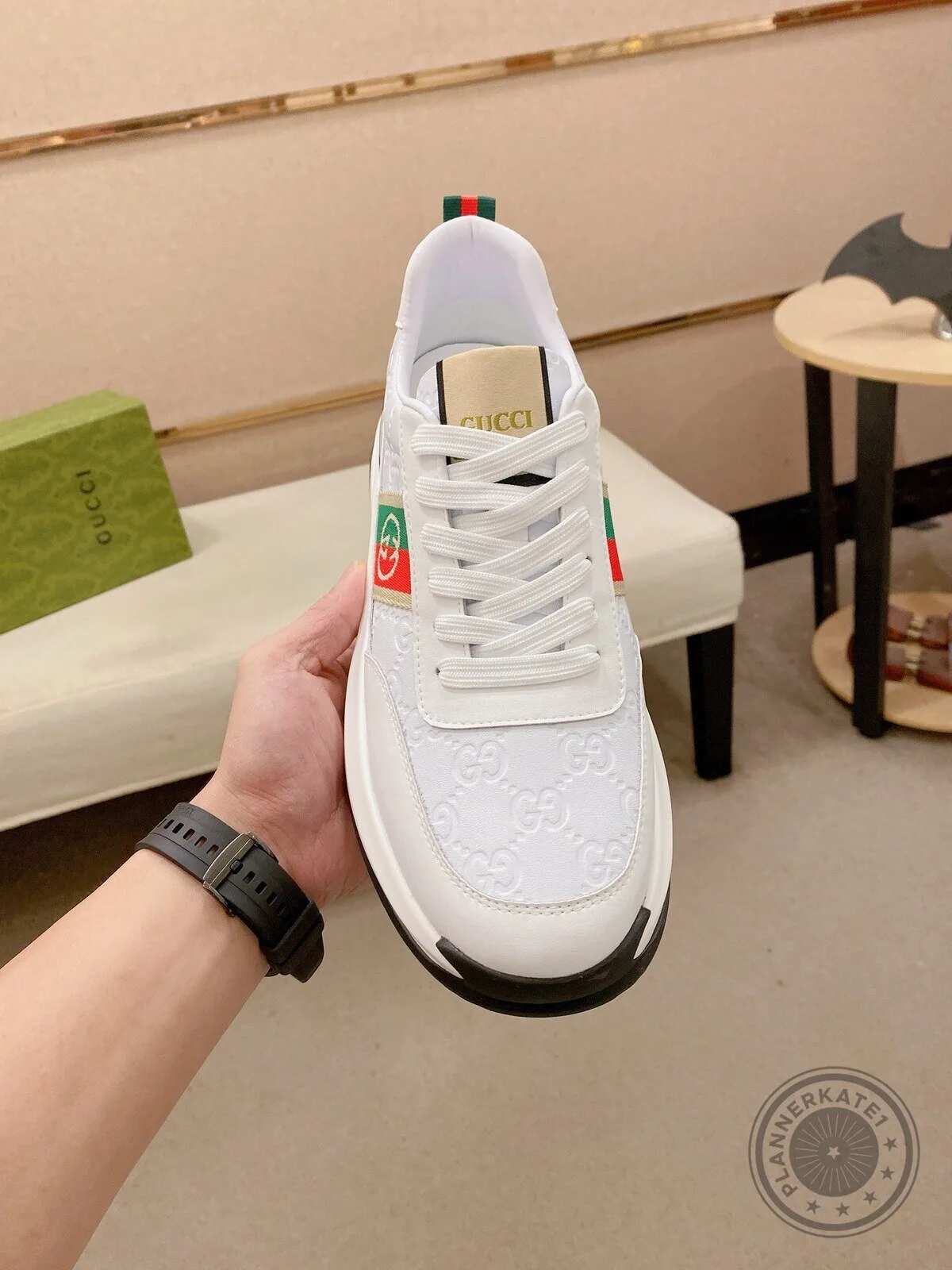 Gucci White Embossed GG Logo Stripe Fashion Sneakers for Men and Women