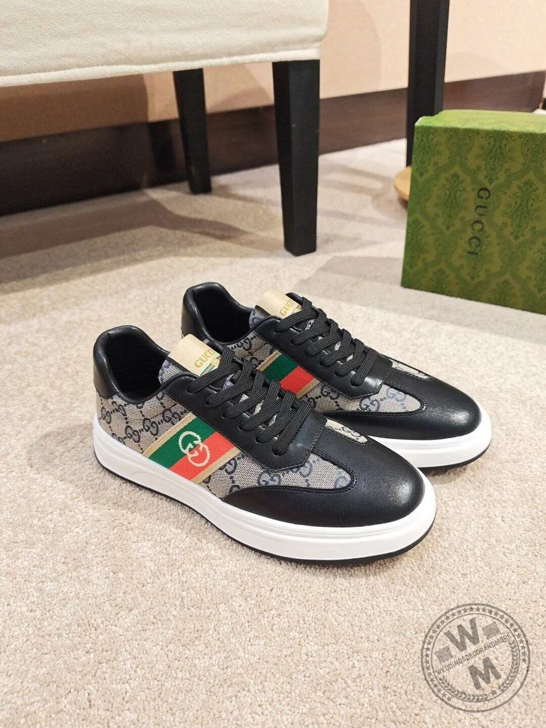 Gucci Interlocking G Logo Stripe Black Leather Fashion Sneakers
