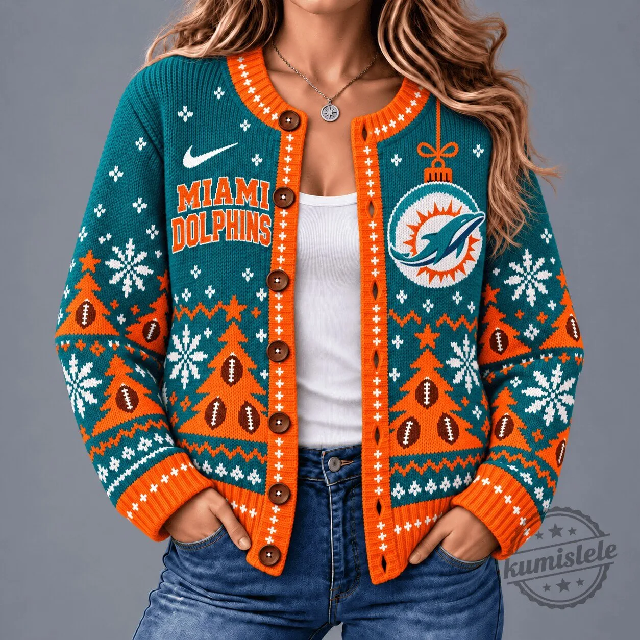 Miami Dolphins NFL Christmas Cardigan Sweater for Game Day Winter Wonderland