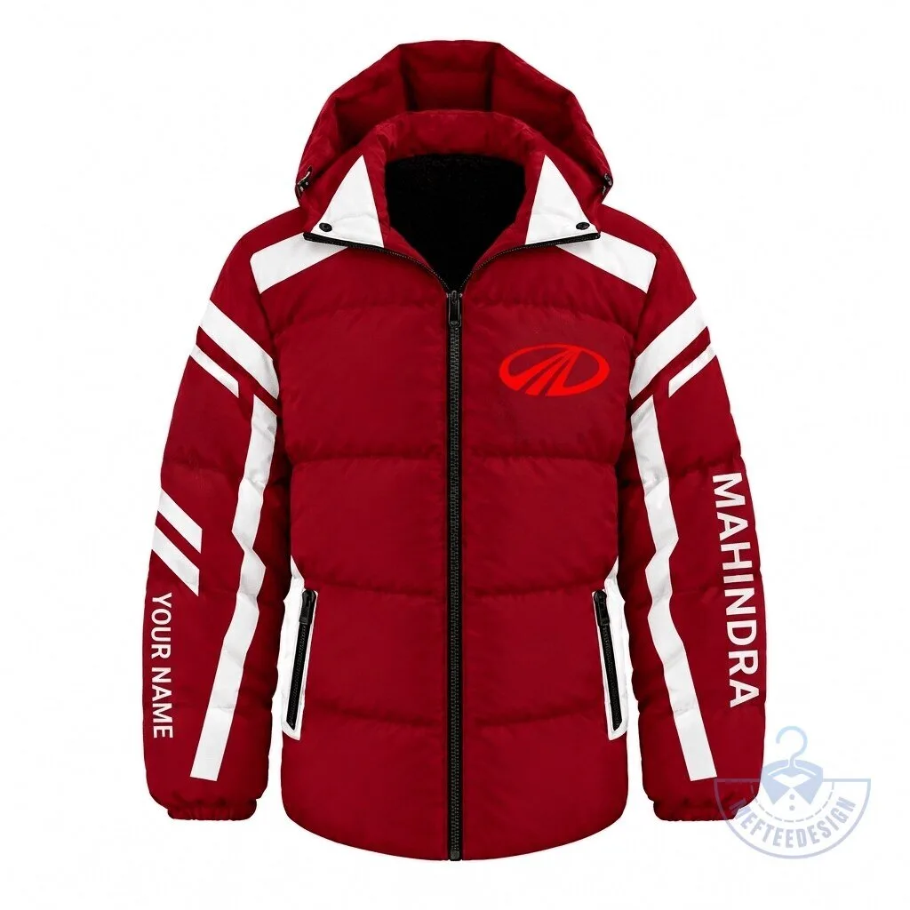 Mahindra Tractor Logo Custom Name Red Puffer Jacket