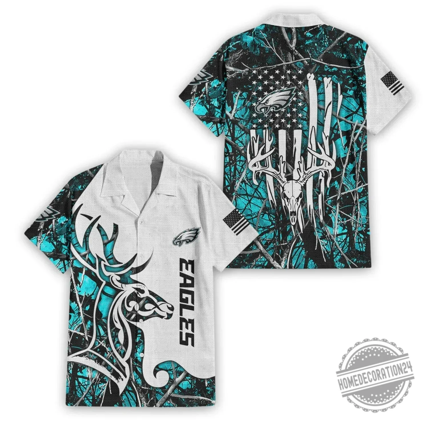 Philadelphia Eagles Hunting Deer Skull American Flag Camouflage Hawaiian Shirt