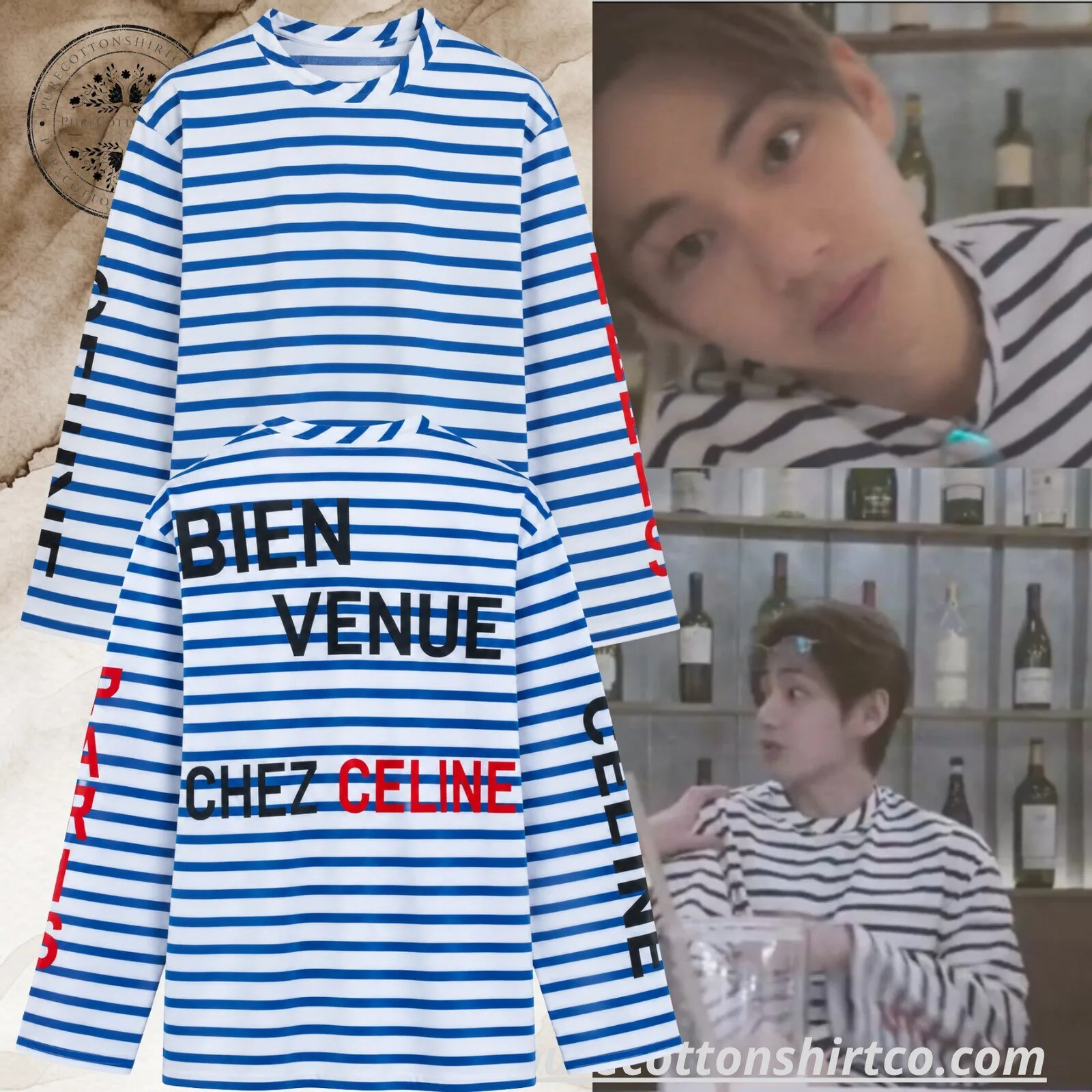 BTS V Striped Long Sleeve Shirt Bienvenue Chez Celine Tee