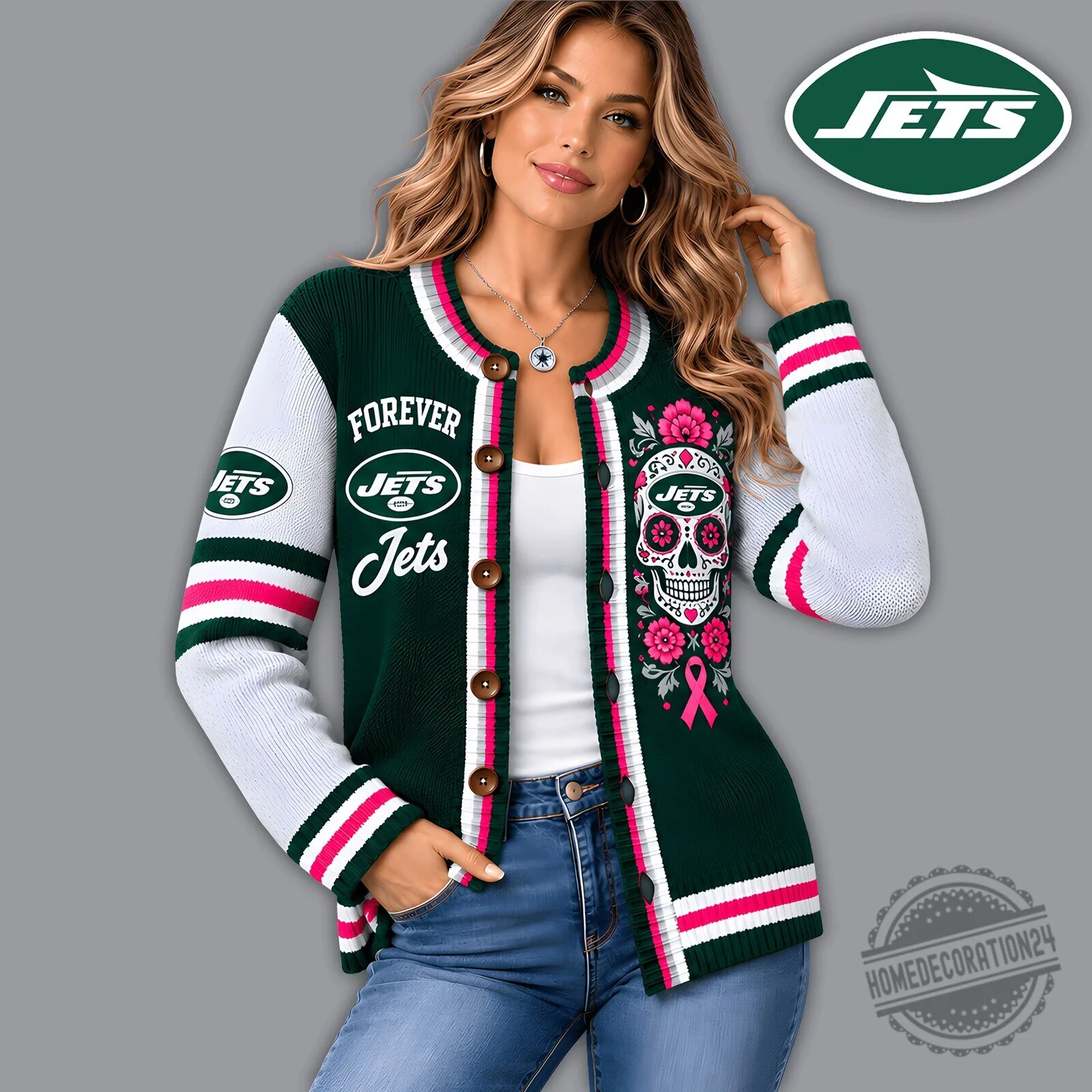 New York Jets Floral Skull Knit Cardigan for Women, NFL Football Team Apparel