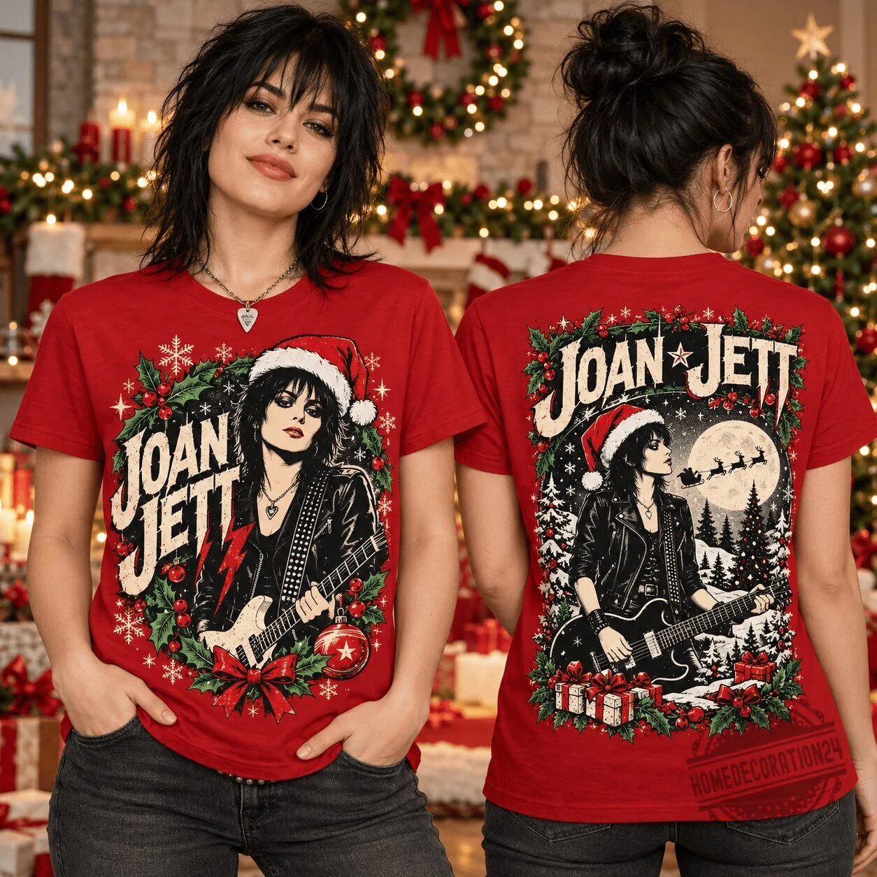 Joan Jett Rock Guitar Holiday Wreath Christmas T-Shirt