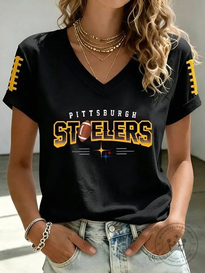 Pittsburgh Steelers Football Team Logo Black V-Neck Short Sleeve T-Shirt for Women