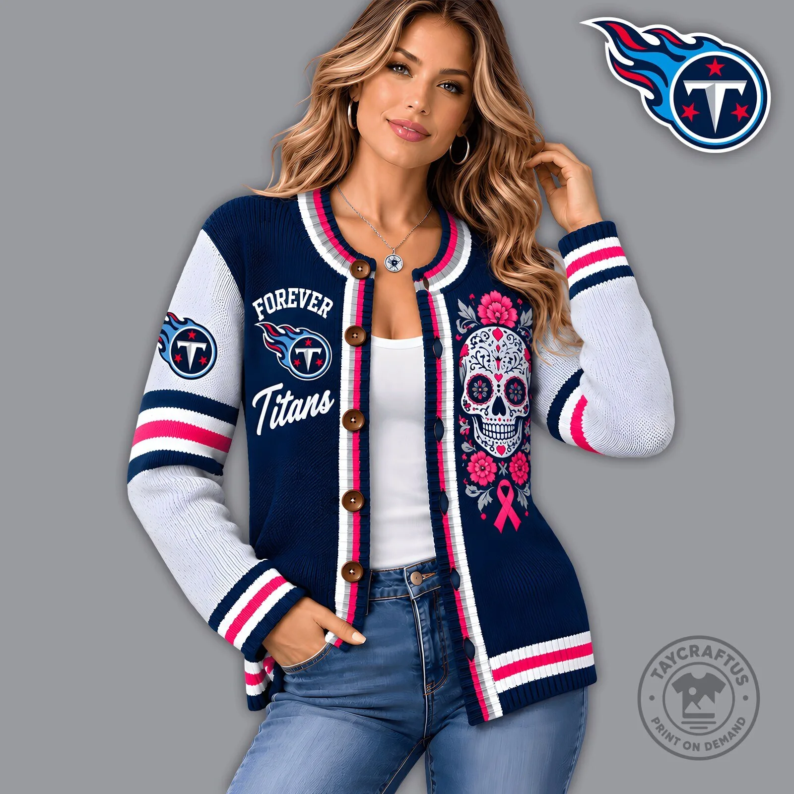 Tennessee Titans Floral Skull Knit Cardigan Sweater 1 Tennessee Titans Floral Skull Knit Cardigan Sweater