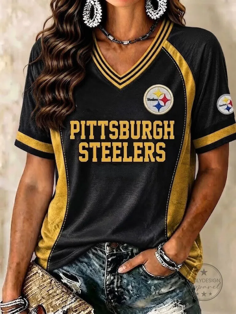 Pittsburgh Steelers Women's V-Neck Short Sleeve Football Fan T-Shirt