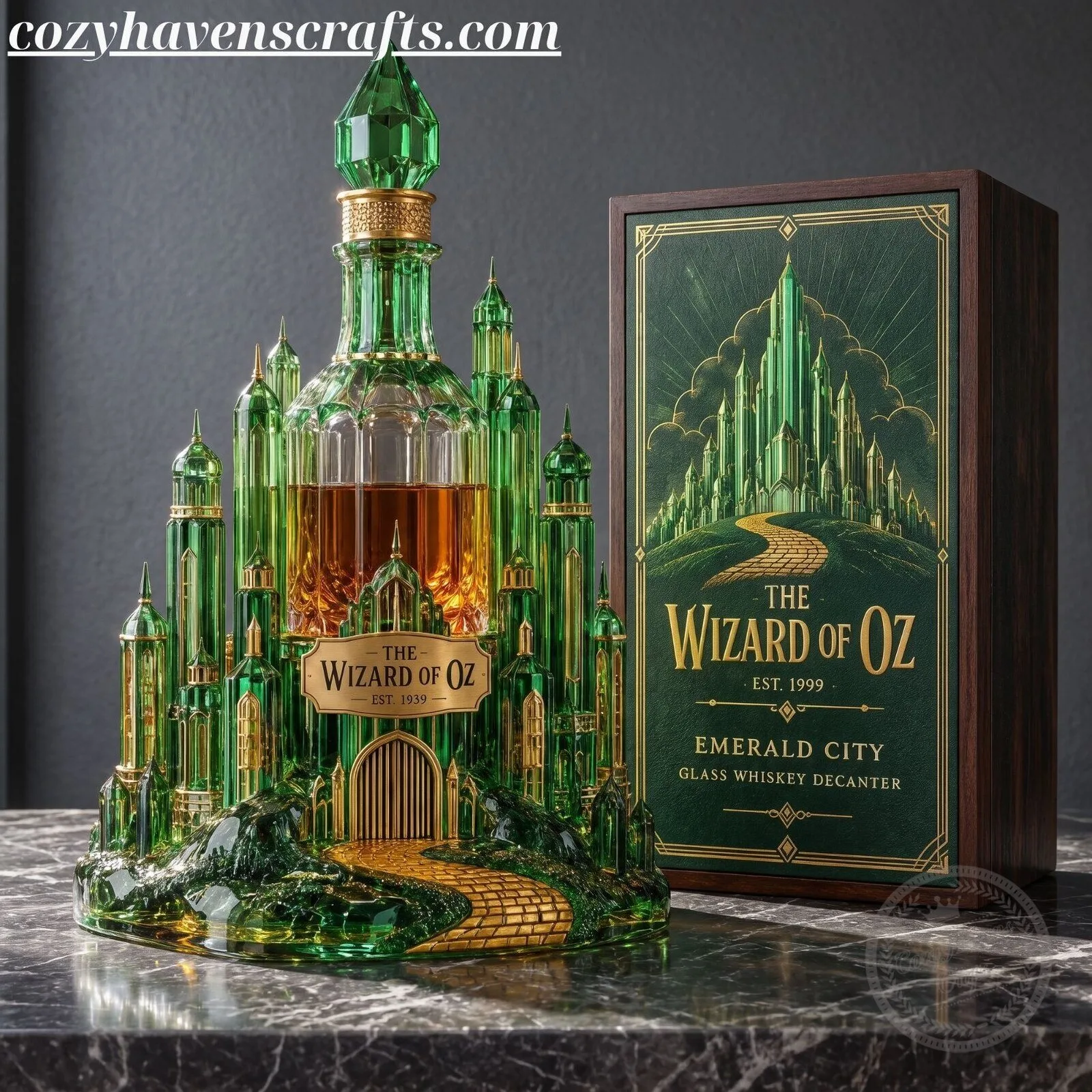 The Wizard of Oz Emerald City Glass Whiskey Decanter - Fantasy Castle Barware Gift Set
