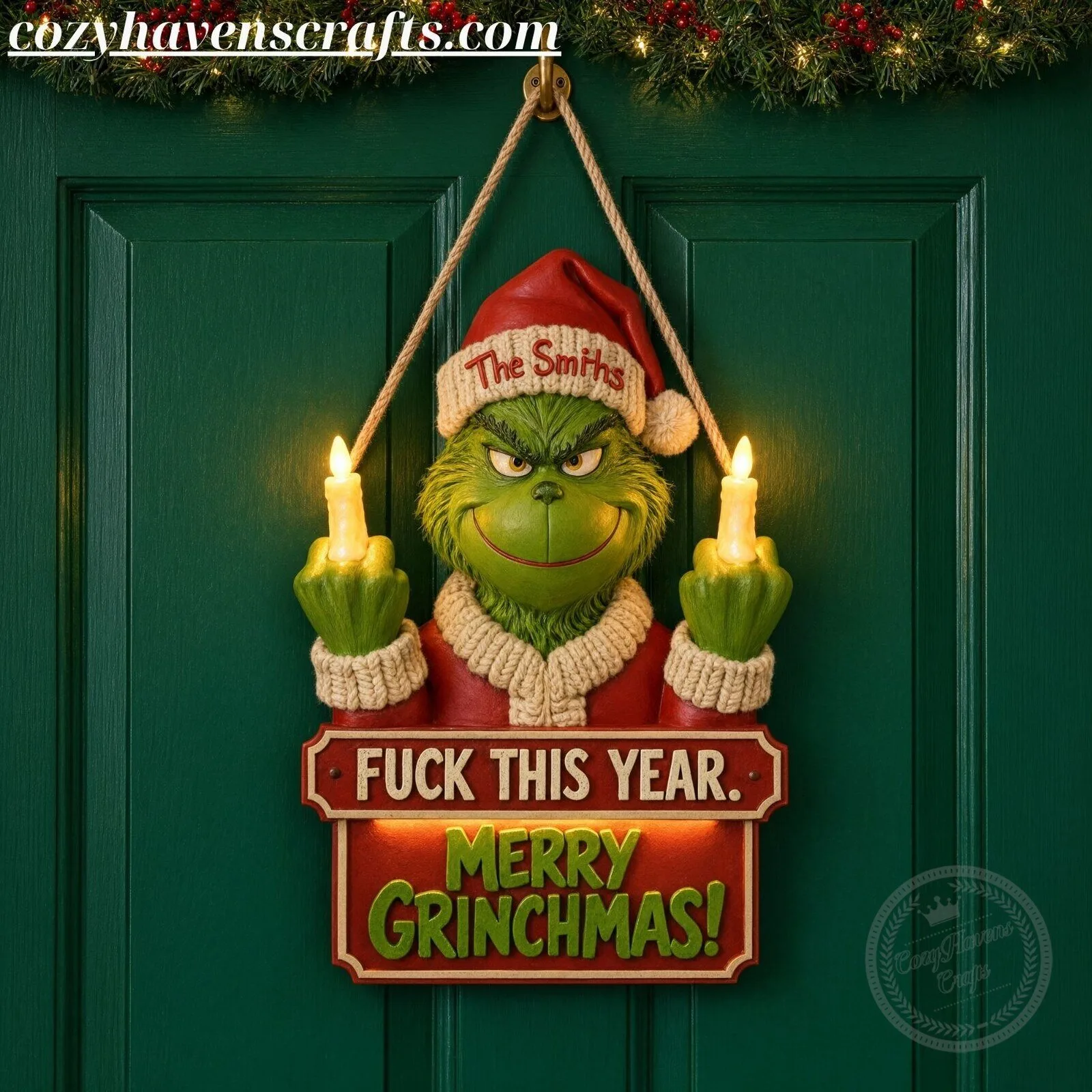 Funny Grinch Christmas Door Hanger - Personalized Fuck This Year Merry Grinchmas Light Up Sign