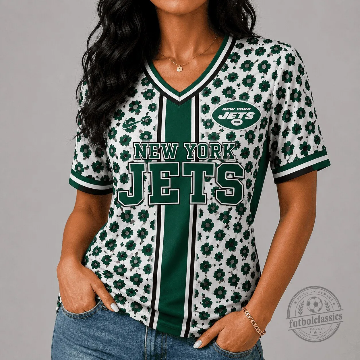 New York Jets Floral Pattern Game Day V-Neck Football Jersey for Women