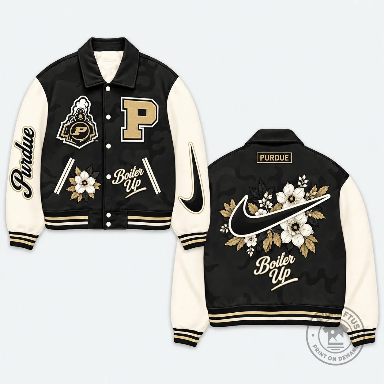 Purdue Boilermakers Floral Black and Gold Varsity Jacket