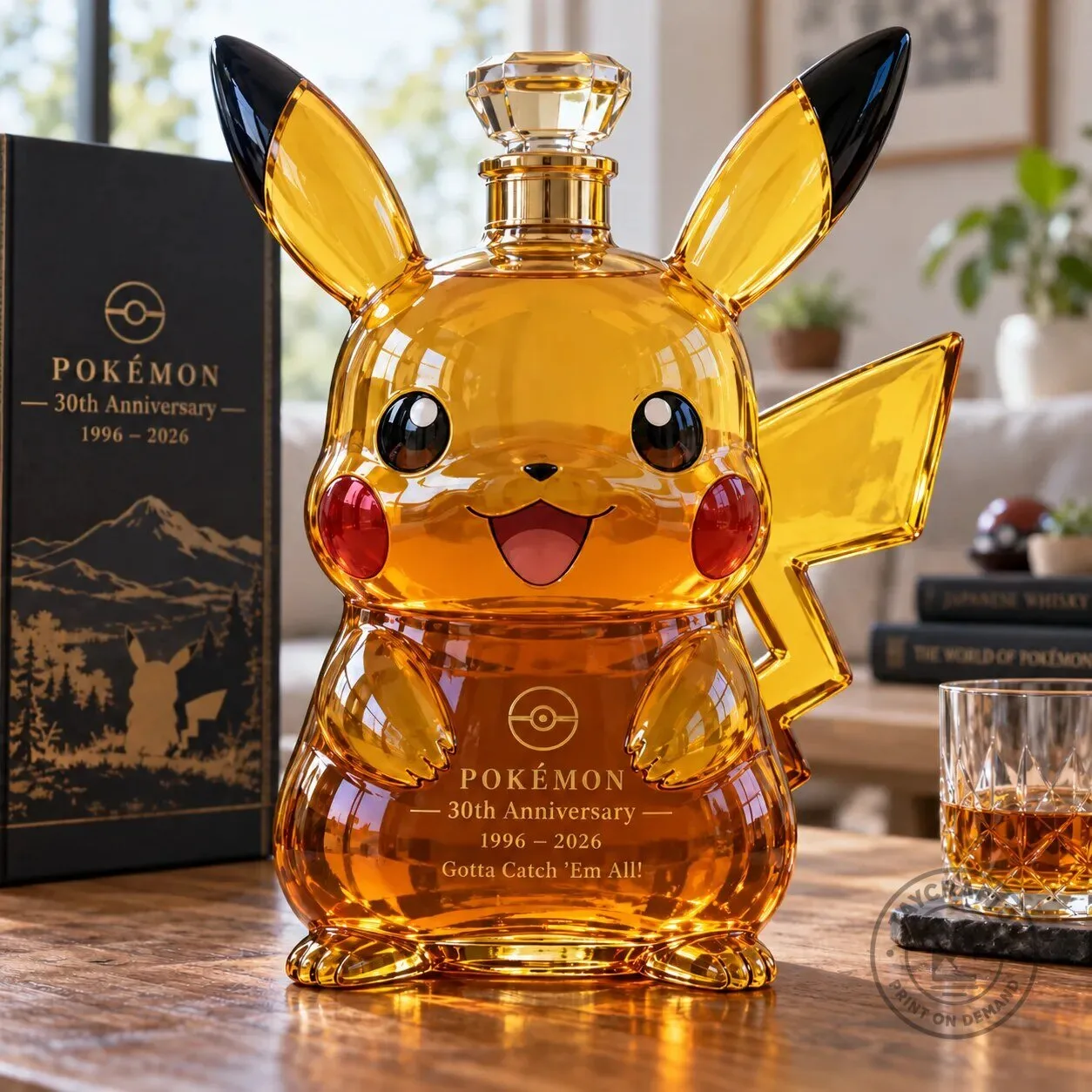 Pokemon Pikachu 30th Anniversary Whiskey Decanter with "Gotta Catch 'Em All" Slogan