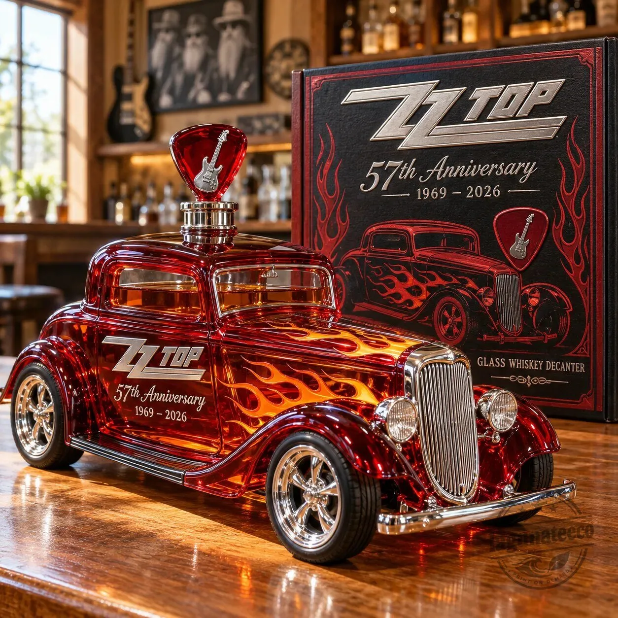 ZZ Top 57th Anniversary Hot Rod Glass Whiskey Decanter with Guitar Stopper