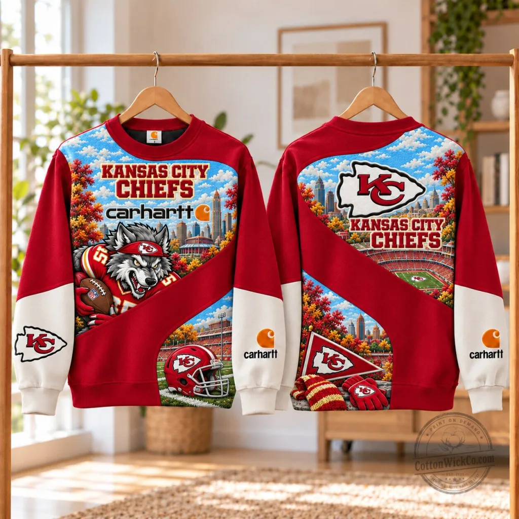 Kansas City Chiefs Football Team Wolf Mascot Red And White Crewneck Sweatshirt Kansas City Chiefs Football Team Wolf Mascot Red And White Crewneck Sweatshirt
