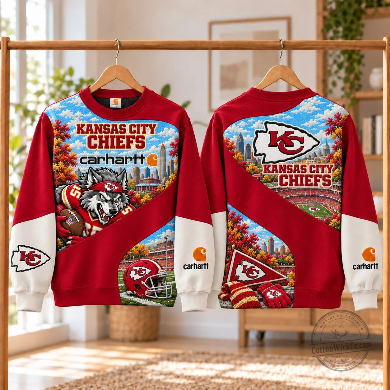 Kansas City Chiefs Football Team Wolf Mascot Red And White Crewneck Sweatshirt