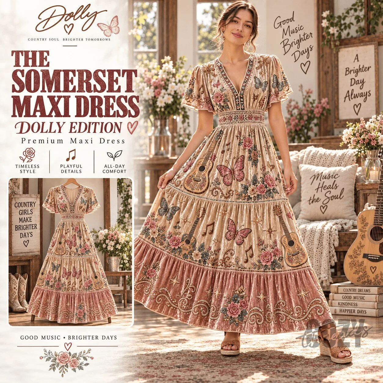 Dolly Parton The Somerset Premium Embroidered Velvet Maxi Dress