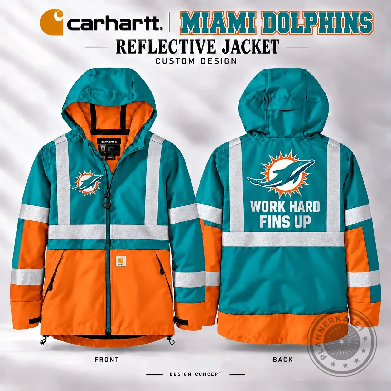 Miami Dolphins Carhartt Reflective Workwear Jacket with "Work Hard FINS UP" Slogan