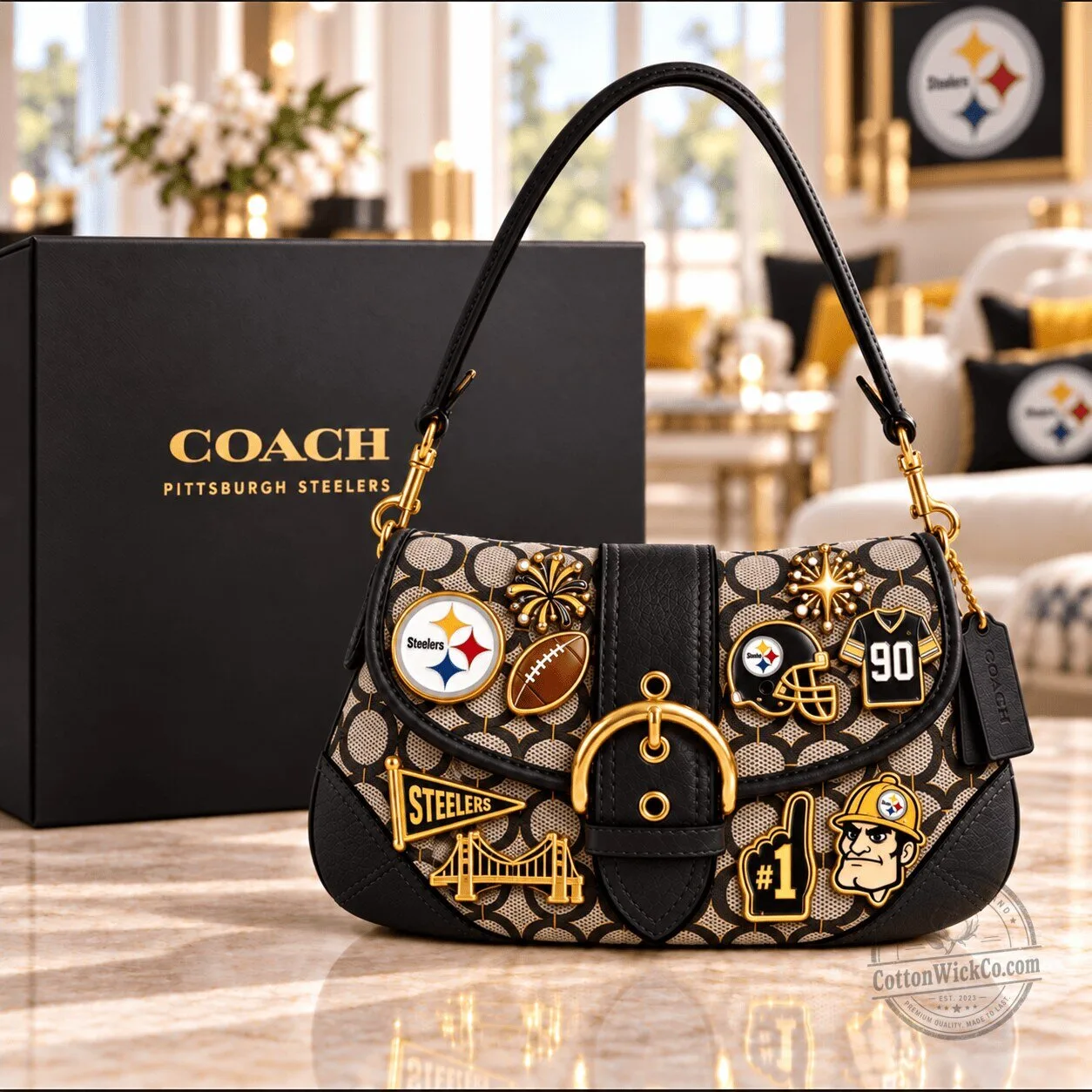 Pittsburgh Steelers Coach Signature Pattern Shoulder Bag with Gold Charms