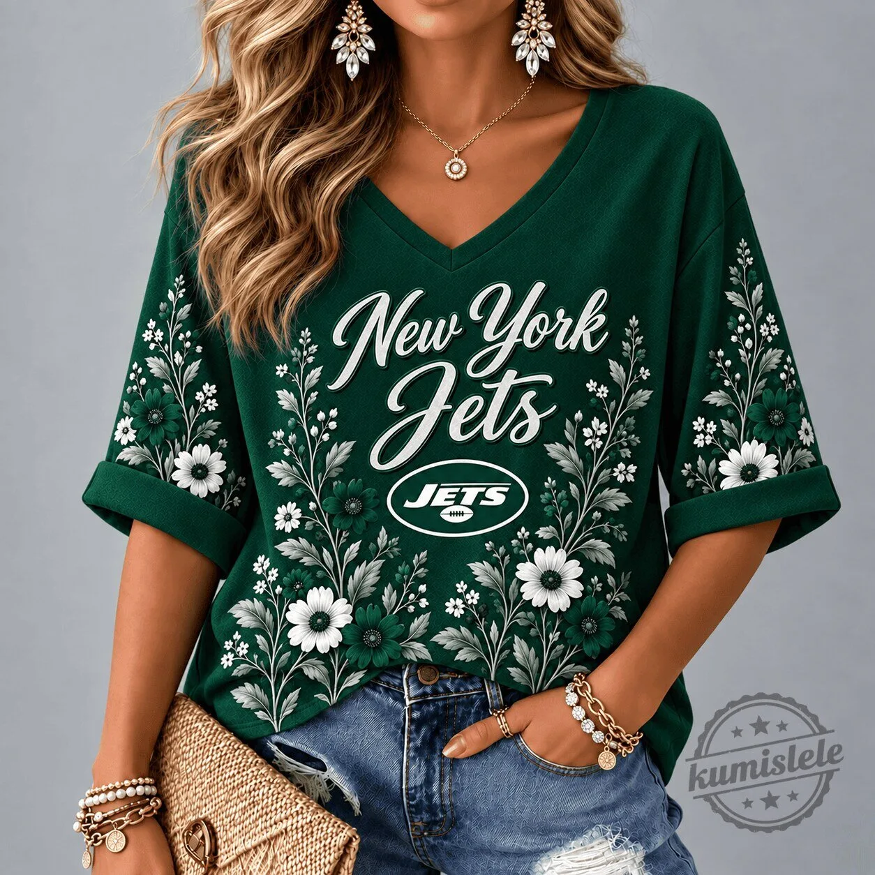 New York Jets Floral Garden V-Neck T-Shirt for Women