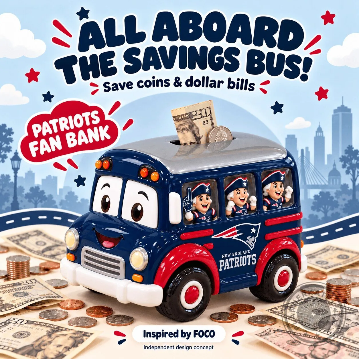 New England Patriots School Bus Piggy Bank Coin Money Saver