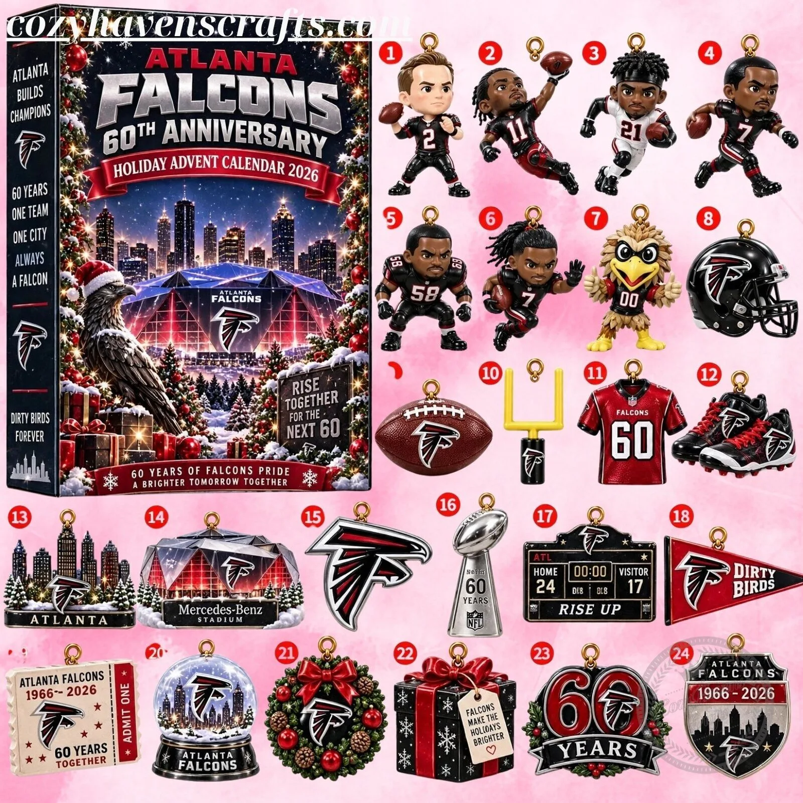 Atlanta Falcons 1966-2026 60th Anniversary Christmas Advent Calendar - 24 Days Holiday Surprise Gift