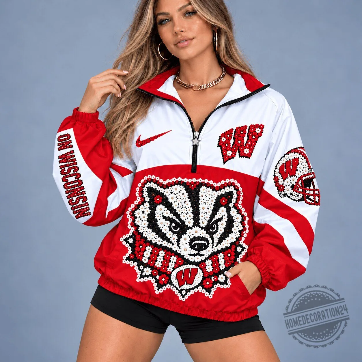 Wisconsin Badgers NCAA Floral Mascot Quarter Zip Jacket
