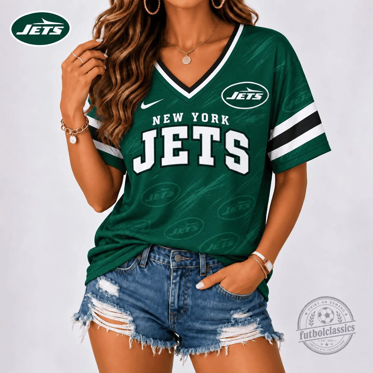 New York Jets Green NFL Team Spirit V-Neck Football Jersey for Women