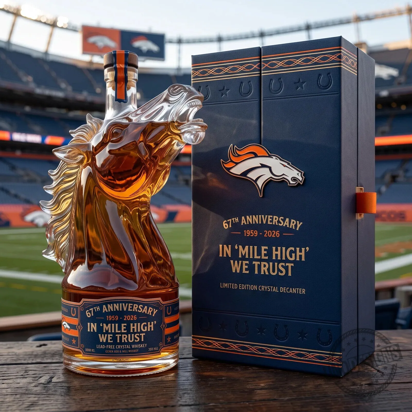 Denver Broncos 67th Anniversary Mile High Crystal Whiskey Decanter