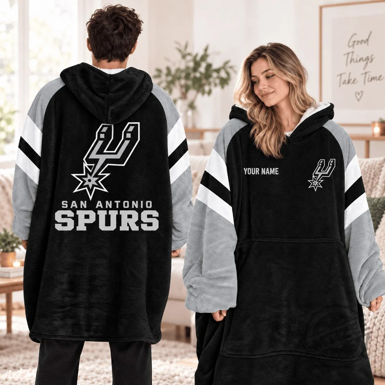 San Antonio Spurs NBA Oversized Sherpa Wearable Blanket Hoodie with Custom Name