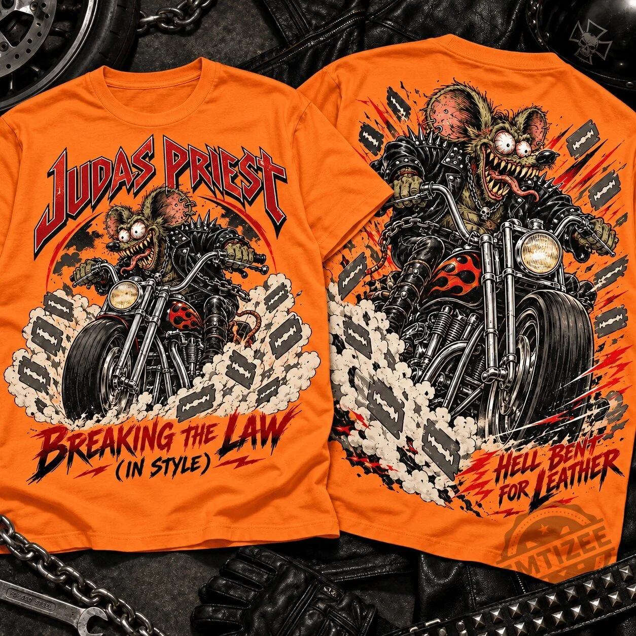 Judas Priest Rat Fink Breaking The Law Hell Bent For Leather Graphic T-Shirt 1 Judas Priest Rat Fink Breaking The Law Hell Bent For Leather Graphic T-Shirt