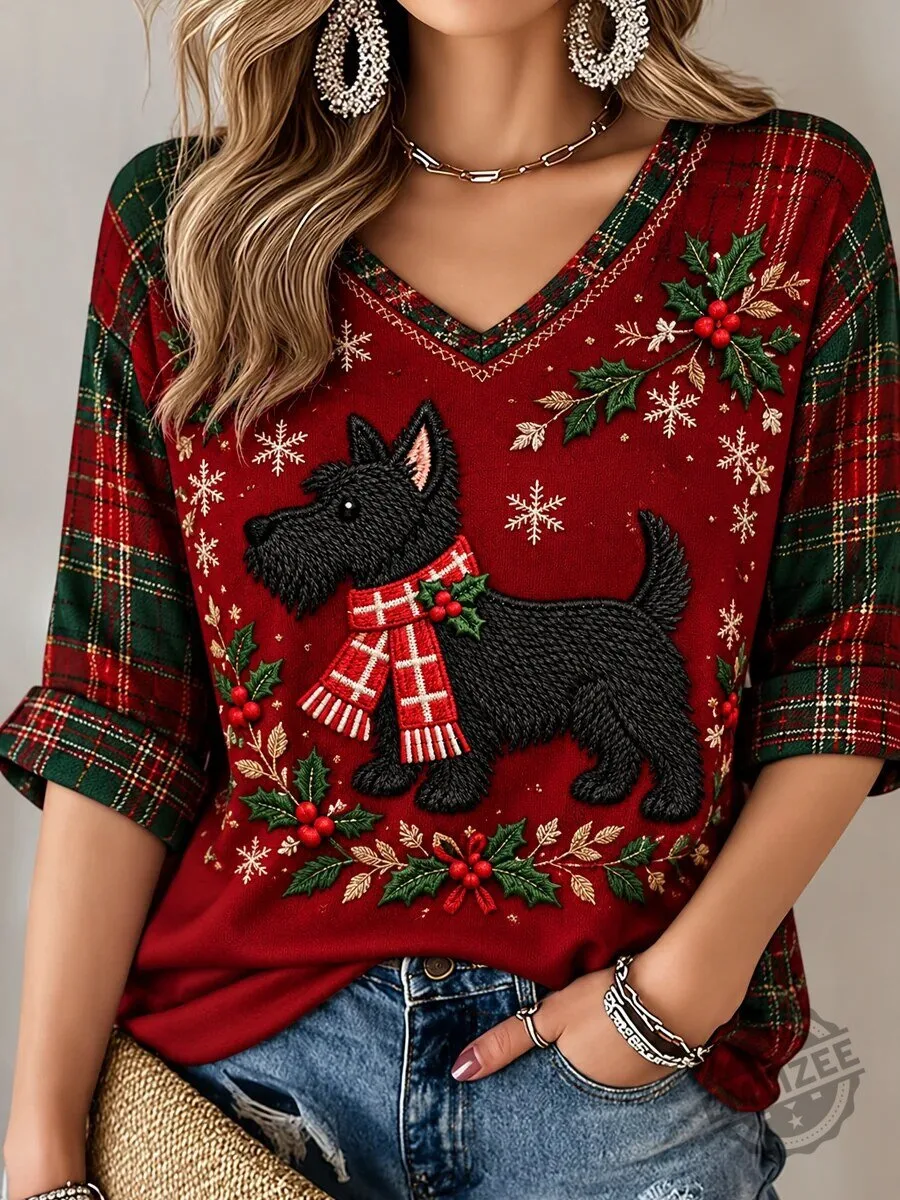 Scottish Terrier Christmas Plaid V-Neck Long Sleeve T-Shirt