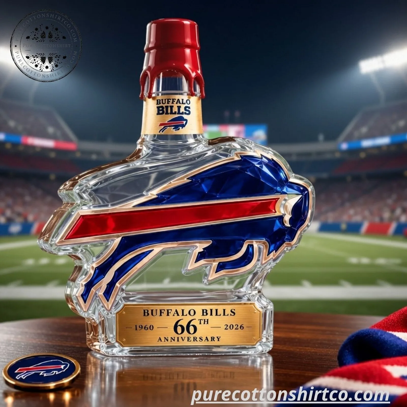Buffalo Bills 66th Anniversary Glass Whiskey Decanter - Commemorative Football Barware Gift