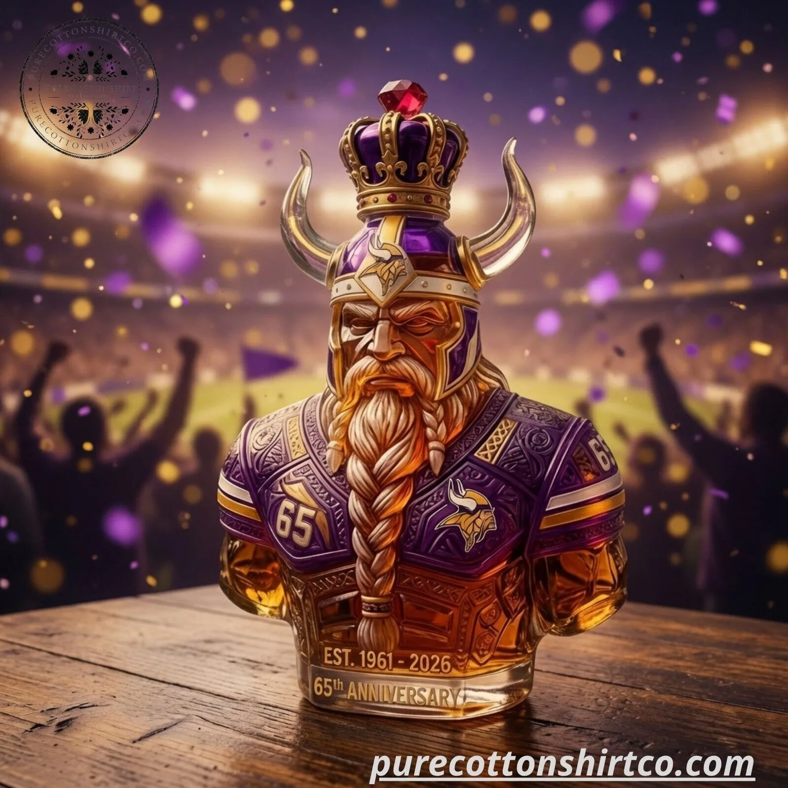 Minnesota Vikings 65th Anniversary Glass Whiskey Decanter - Viking Warrior Bust Barware Gift