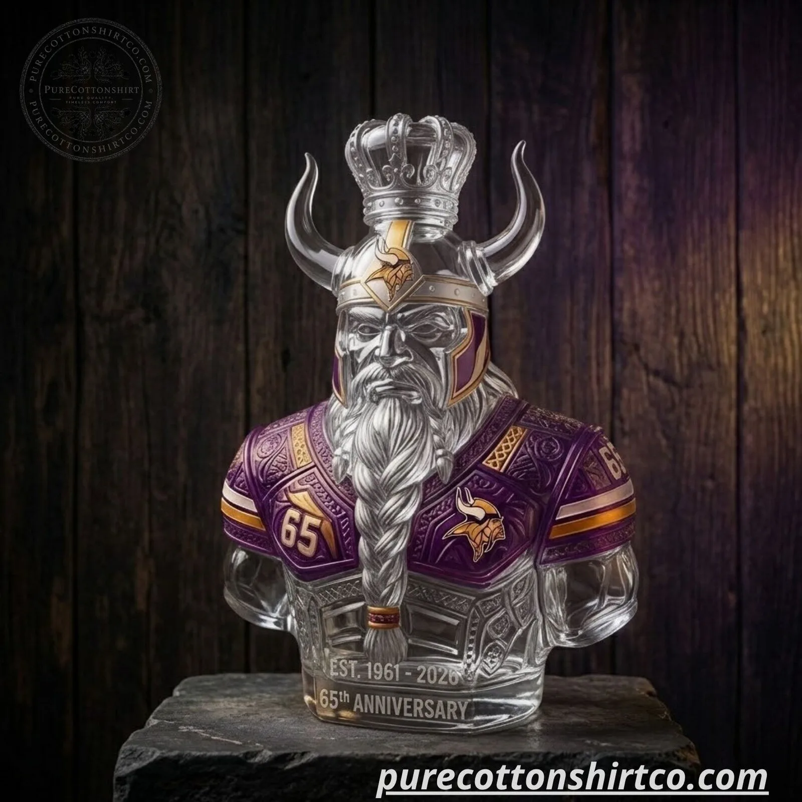 Minnesota Vikings 65th Anniversary Glass Whiskey Decanter - Viking Warrior Bust Barware Gift 4 Minnesota Vikings 65th Anniversary Glass Whiskey Decanter - Viking Warrior Bust Barware Gift