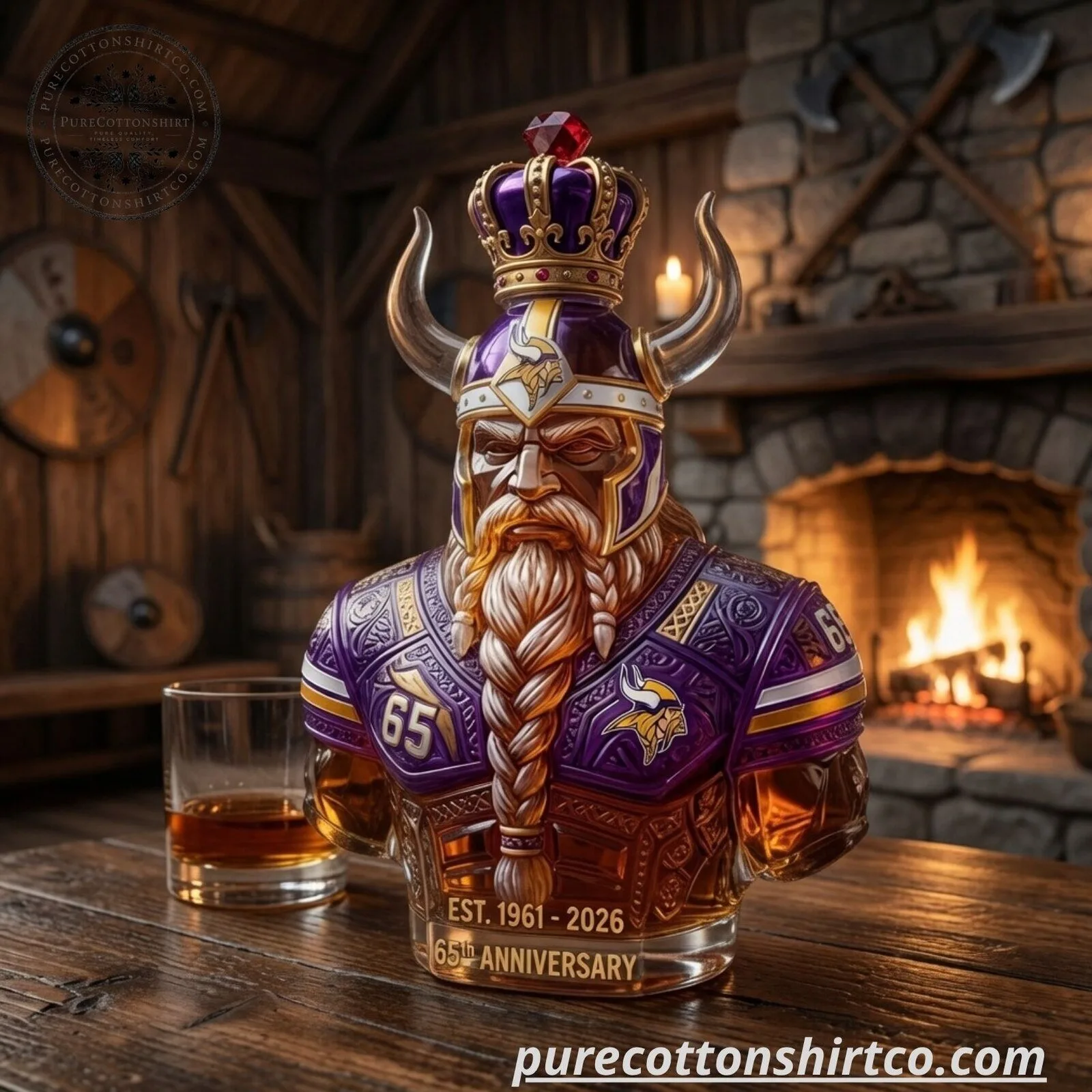Minnesota Vikings 65th Anniversary Glass Whiskey Decanter - Viking Warrior Bust Barware Gift 5 Minnesota Vikings 65th Anniversary Glass Whiskey Decanter - Viking Warrior Bust Barware Gift