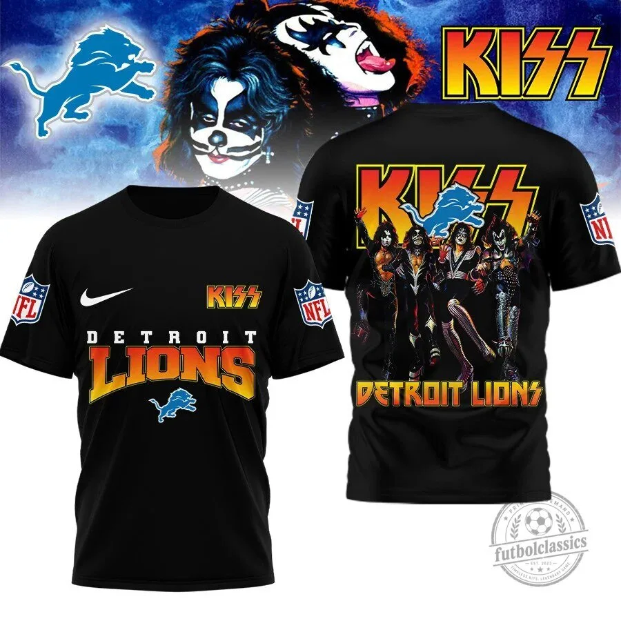 Detroit Lions Kiss Band NFL Football Black Fan T-Shirt