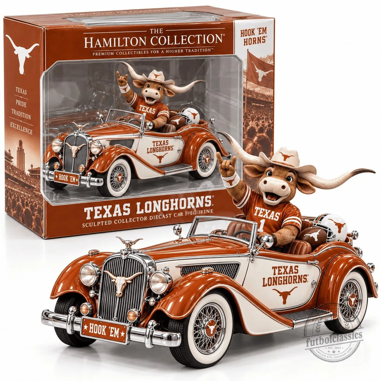 Texas Longhorns Bevo Mascot Driving Vintage Car Sculpted Collector Diecast Figurine