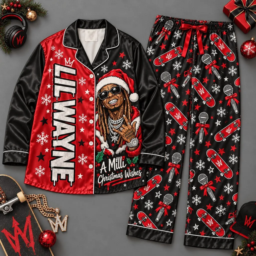Lil Wayne Christmas Wishes Holiday Red and Black Pajamas Set