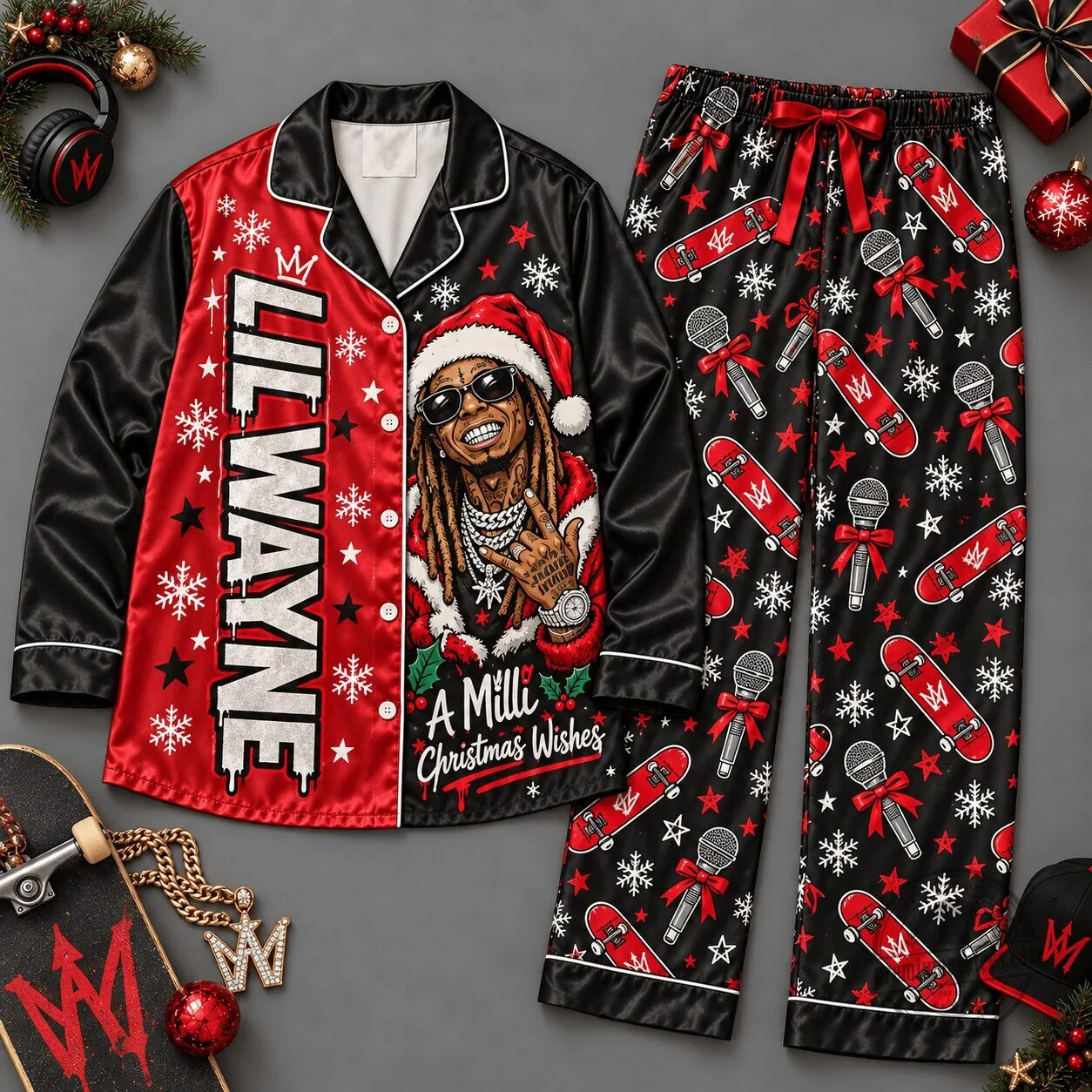 Lil Wayne Christmas Wishes Holiday Red and Black Pajamas Set