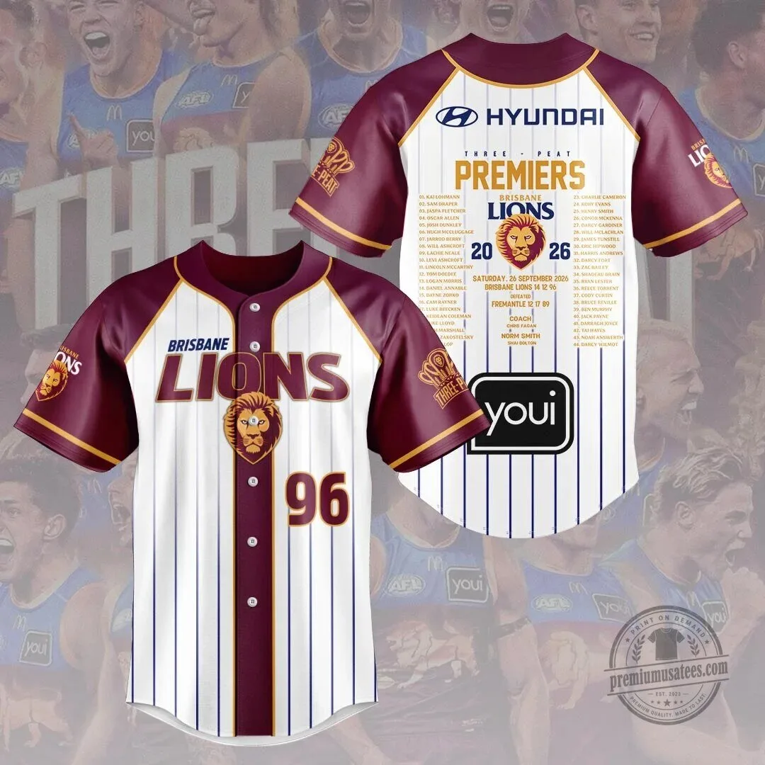 Brisbane Lions 2026 AFL Premiers Three-Peat Baseball Jersey