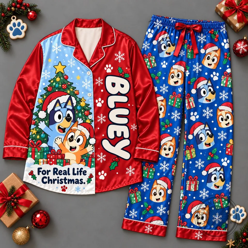 Bluey and Bingo Christmas Tree Character Pattern Long Sleeve Pajamas Set Bluey and Bingo Christmas Tree Character Pattern Long Sleeve Pajamas Set