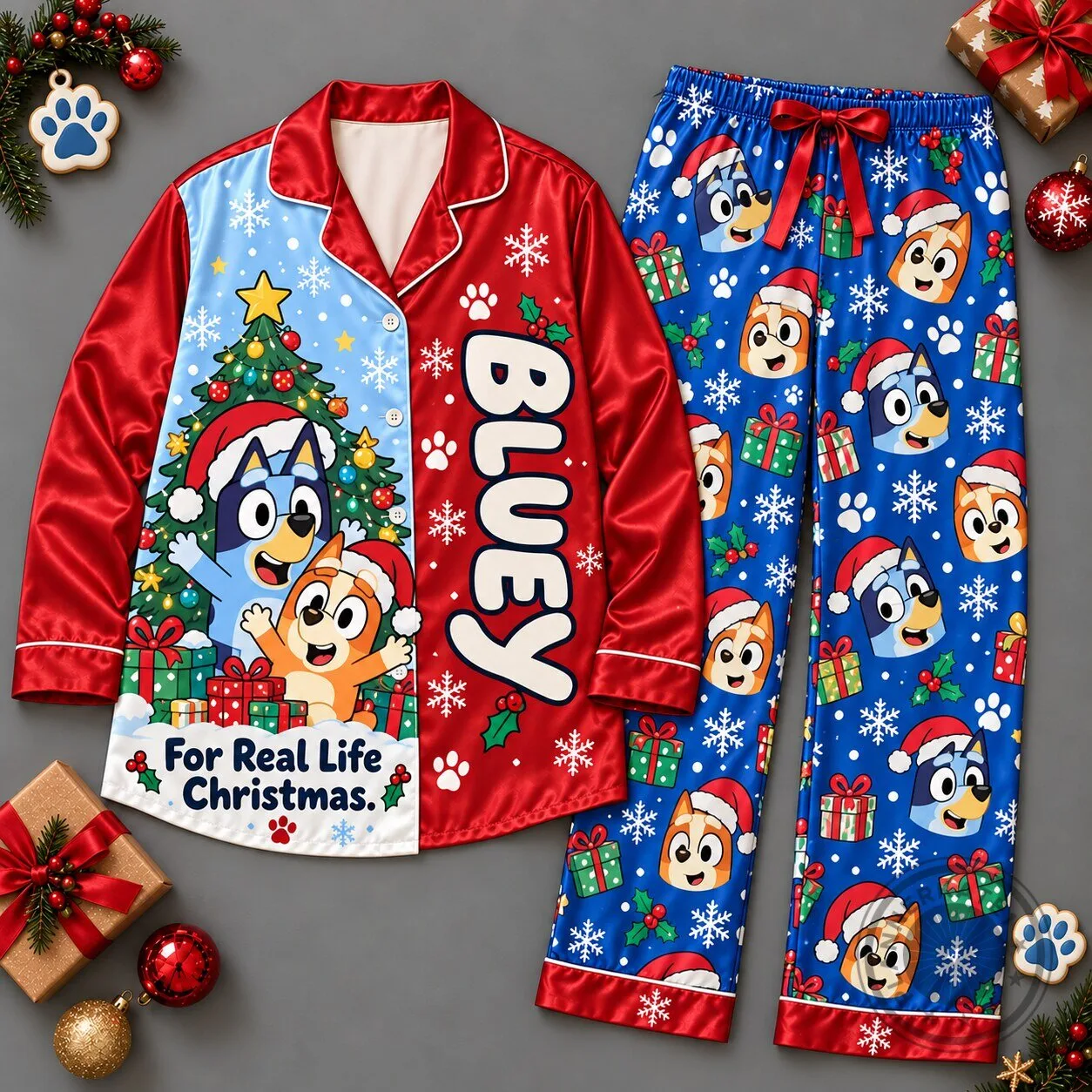Bluey and Bingo Christmas Tree Character Pattern Long Sleeve Pajamas Set