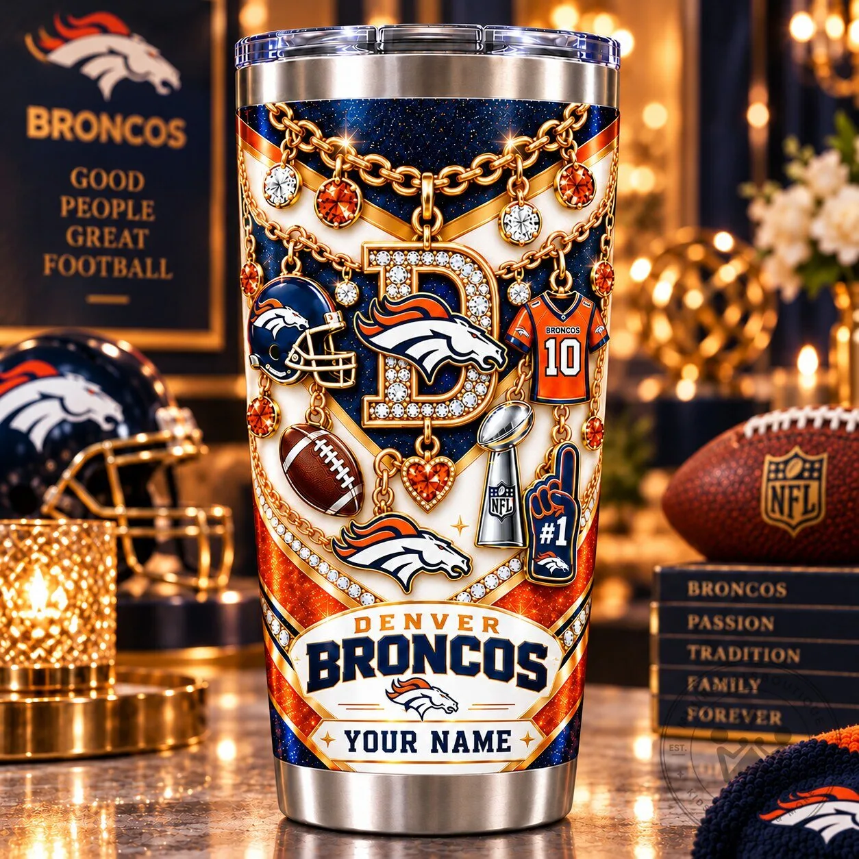 Denver Broncos NFL Personalized Sparkle Tumbler Stainless Steel Insulated Cup