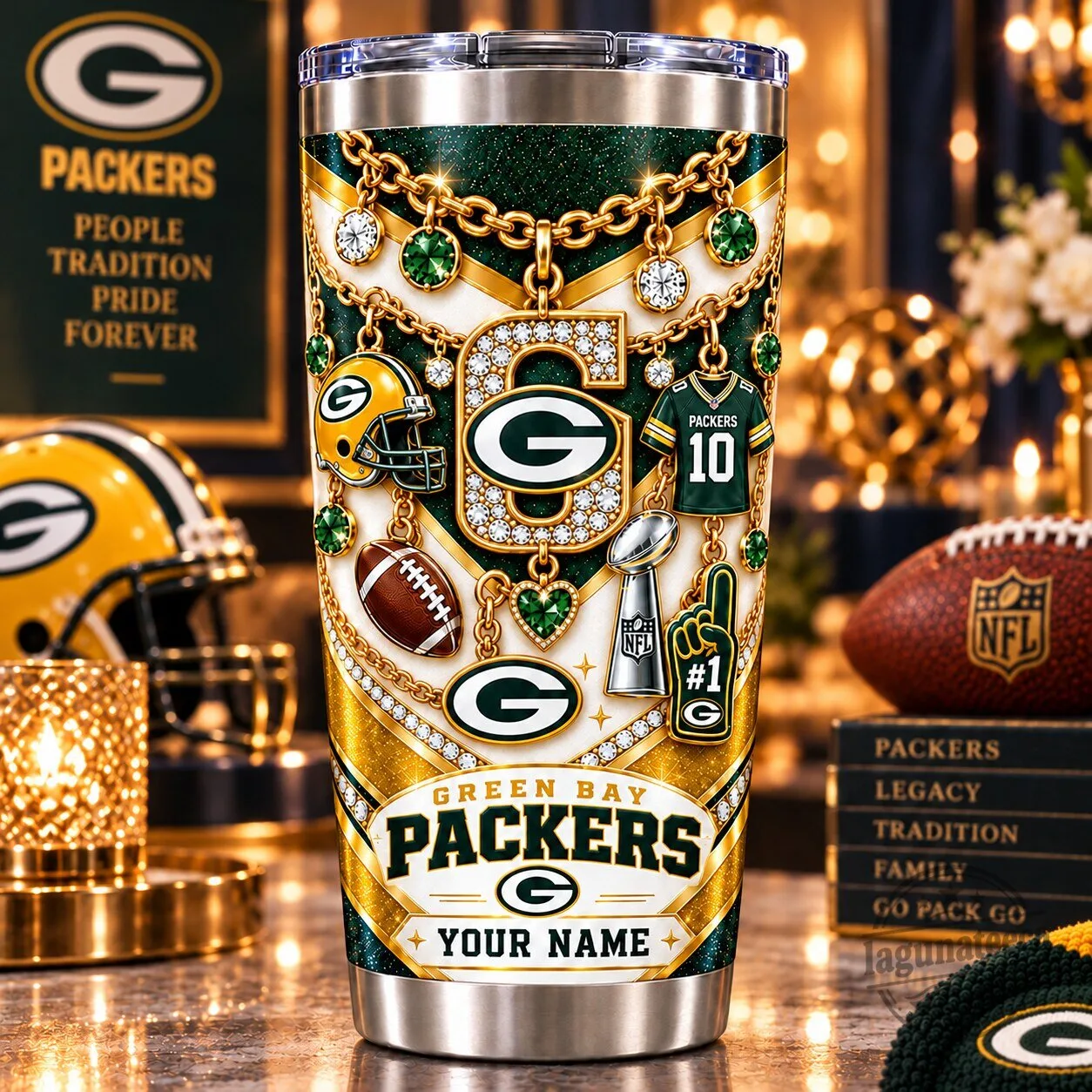Green Bay Packers Personalized Sparkle Bling Charm Stainless Steel Tumbler