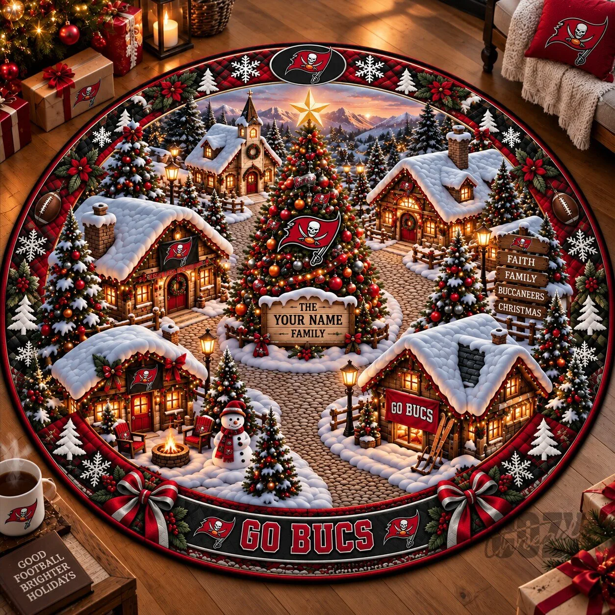 Tampa Bay Buccaneers Christmas Winter Village Holiday Round Rug