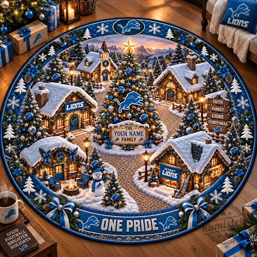 Detroit Lions Christmas Village Personalized Round Rug - Custom Family Name Doormat Detroit Lions Christmas Village Personalized Round Rug - Custom Family Name Doormat