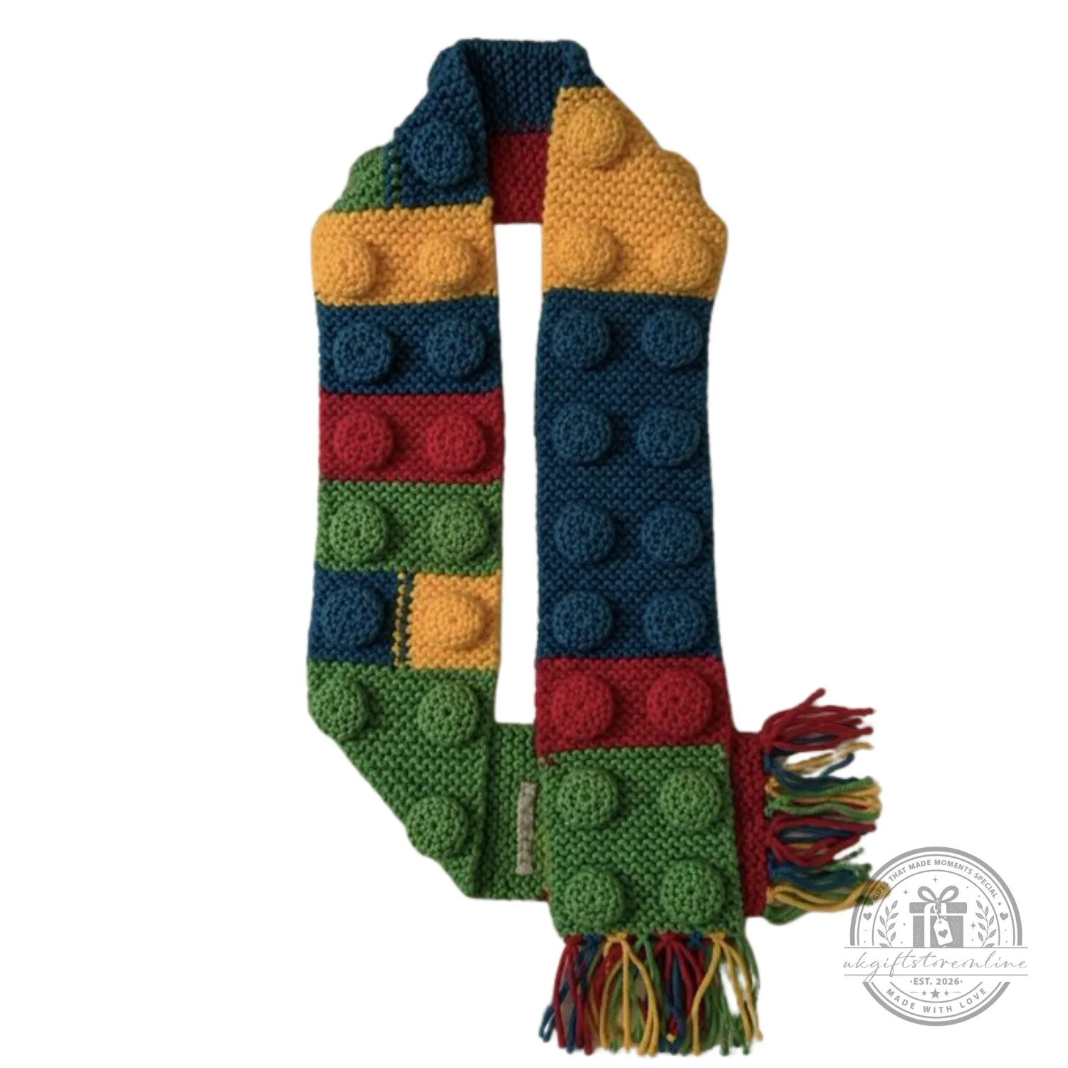 Colorful Knitting Brick Patterned Scarf With Tassels Cozy Winter Fashion Accessory