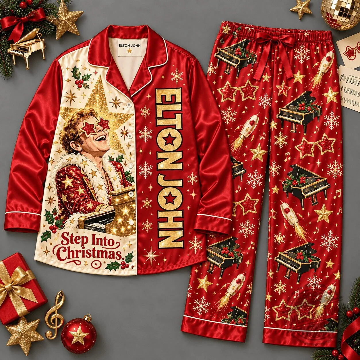 Elton John Step Into Christmas Holiday Red Pajamas Set