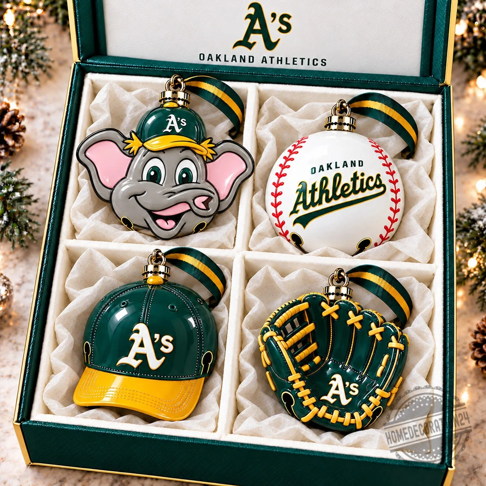 Oakland Athletics Baseball Team Christmas Holiday Bell Ornament Set